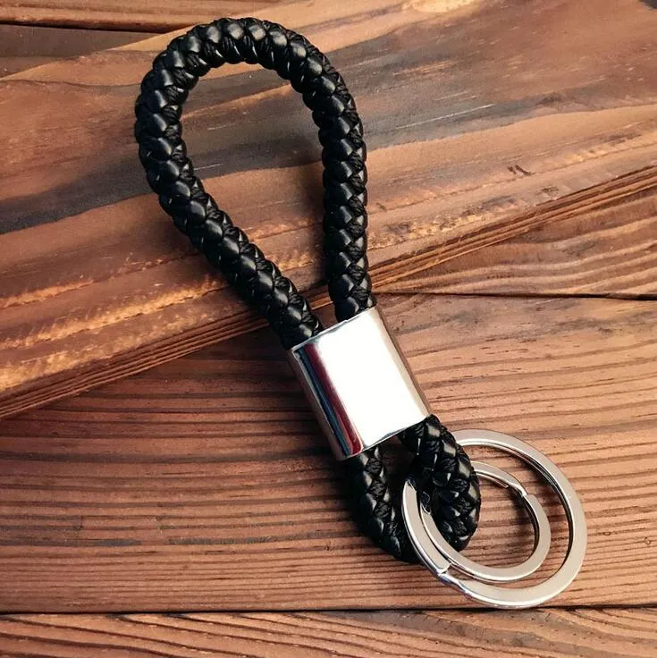 Hand-Woven Double Ring Keychain: PU Braided Rope with Metal Key Ring