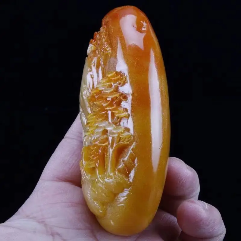 Antique Huanglong Jade Pendant with Scenic Landscape Engraving