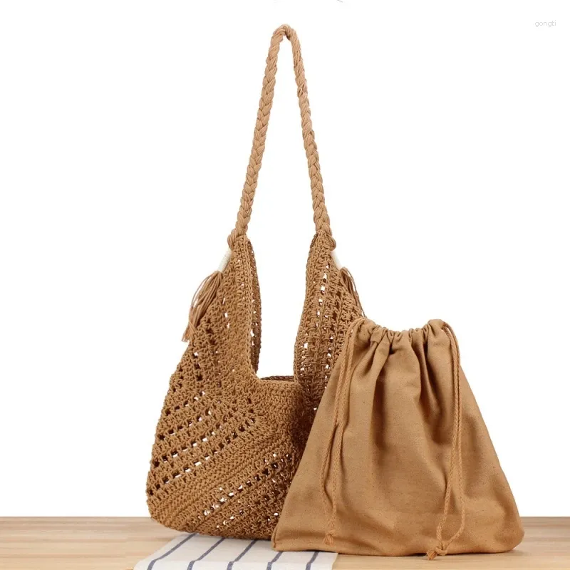 Women's Summer Bohemian Beach Travel Tote: Drawstring Hand-Woven Cotton Rope Bag with Tassel Detail