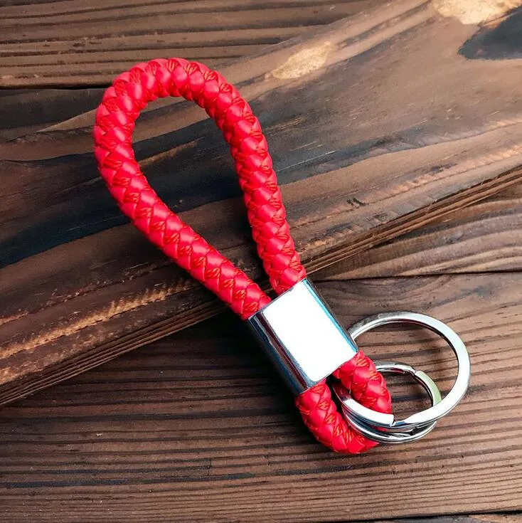 Hand-Woven Double Ring Keychain: PU Braided Rope with Metal Key Ring