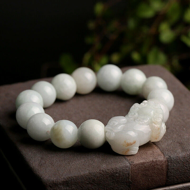 Grade A Light Green Jadeite Pixiu Bracelet: Natural Jade Beads for Men and Women