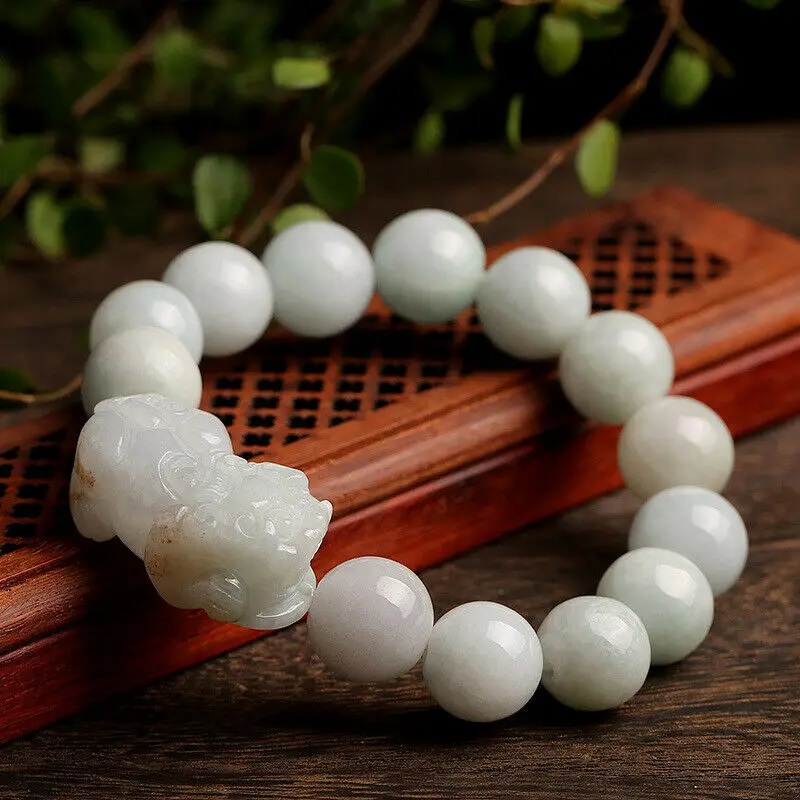 Grade A Light Green Jadeite Pixiu Bracelet: Natural Jade Beads for Men and Women