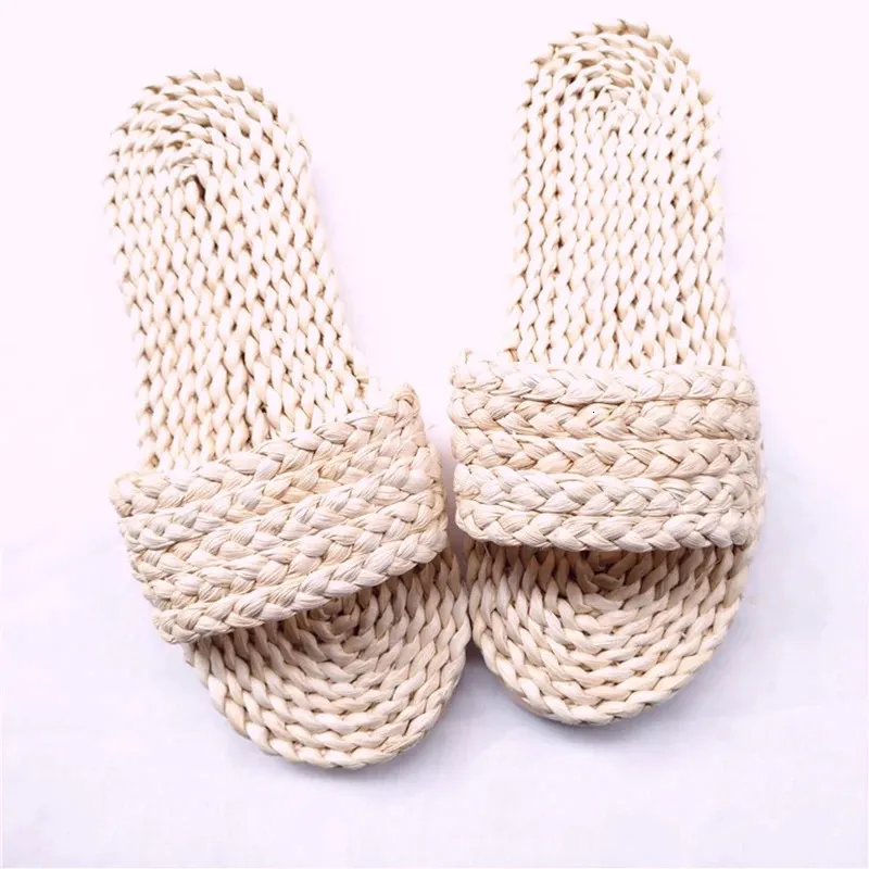 Summer Hand-Woven Straw Slippers for Women and Men...