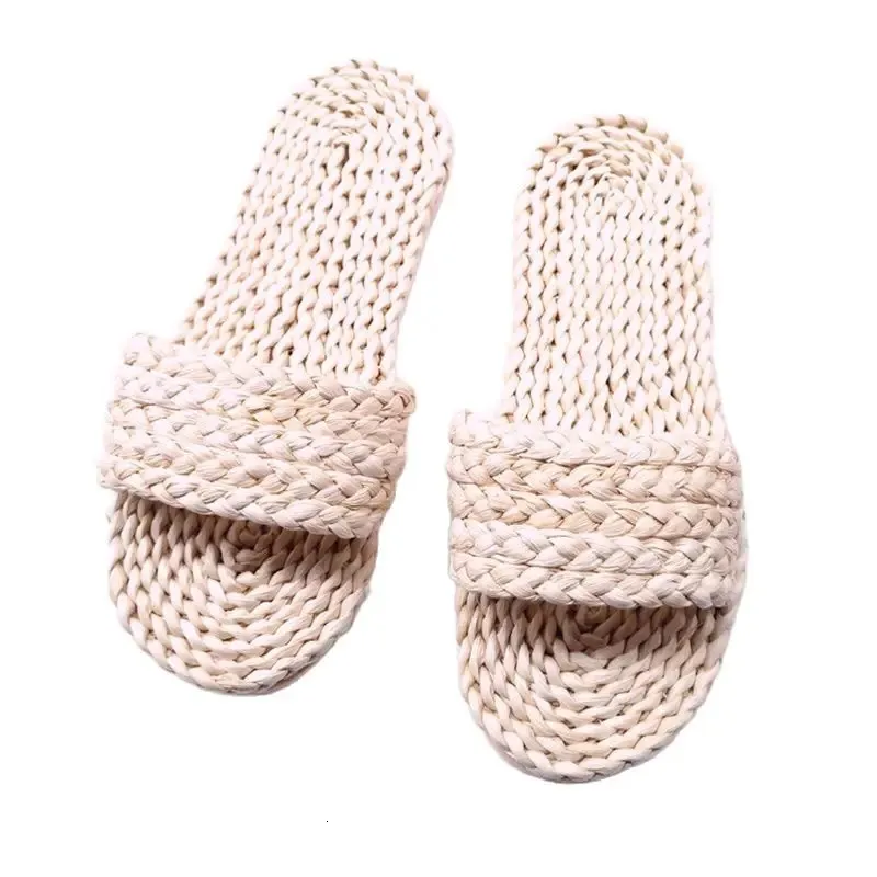 Summer Hand-Woven Straw Slippers for Women and Men: Indoor Couple Shoes