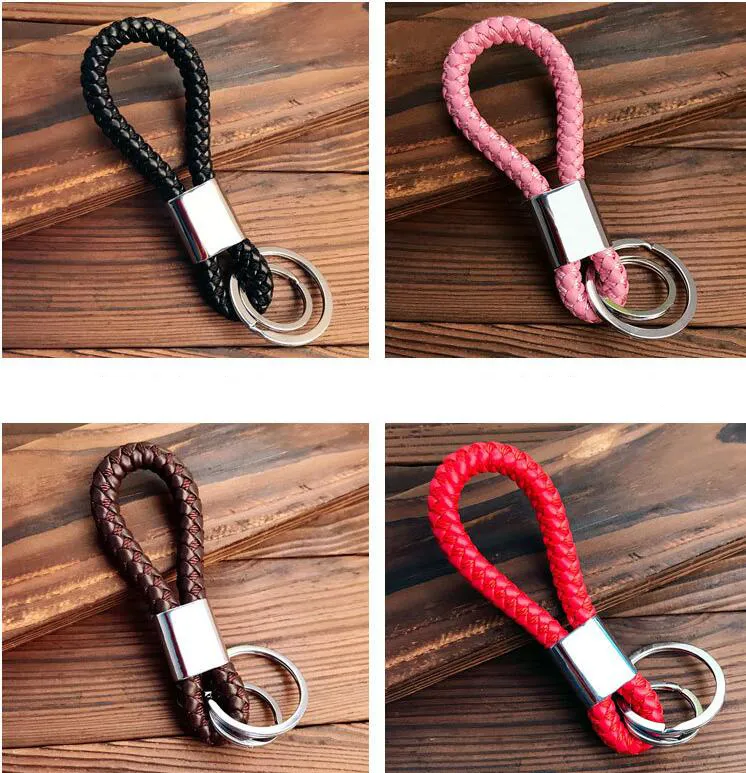 Hand-Woven Double Ring Keychain: PU Braided Rope with Metal Key Ring