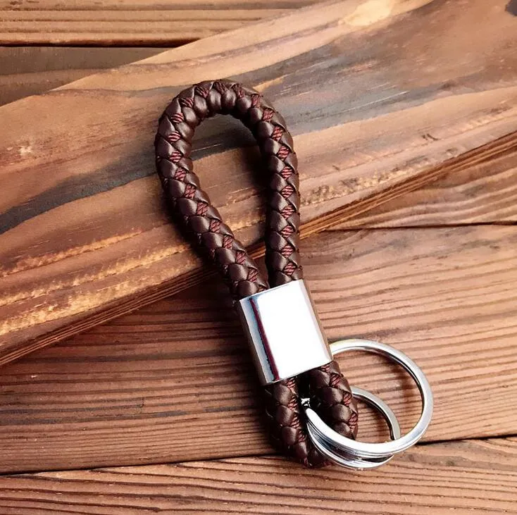 Hand-Woven Double Ring Keychain: PU Braided Rope with Metal Key Ring