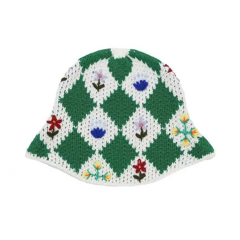 Autumn Cotton Yarn Wide Brim Woven Crochet Flower Bucket Hat: Plaid Color Match for Women