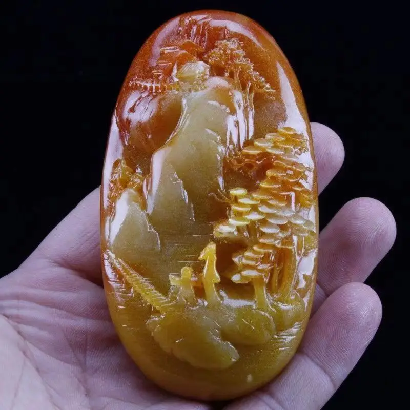 Antique Huanglong Jade Pendant with Scenic Landscape Engraving