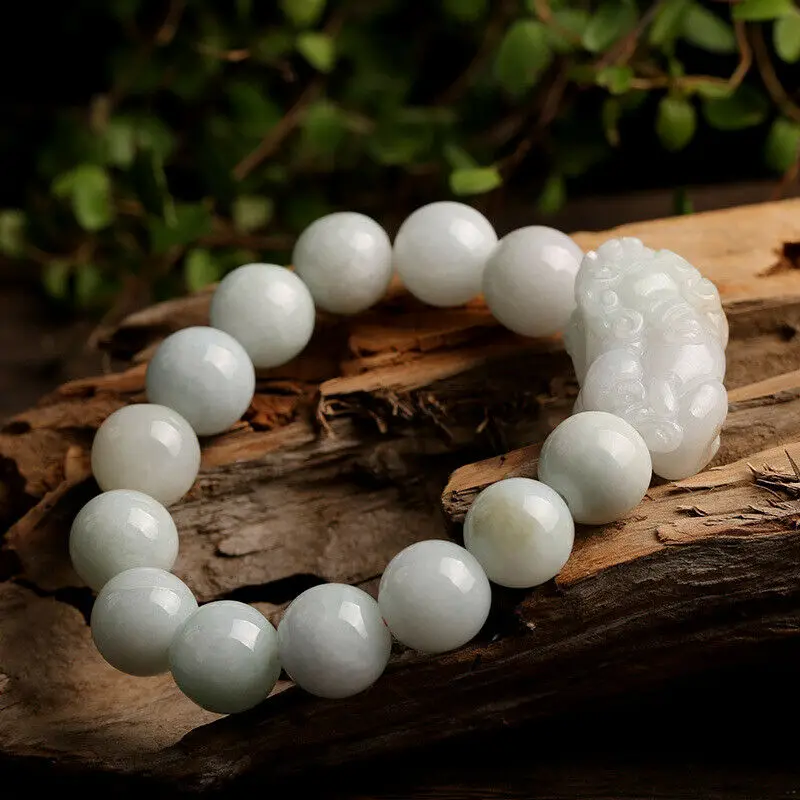 Grade A Light Green Jadeite Pixiu Bracelet: Natural Jade Beads for Men and Women