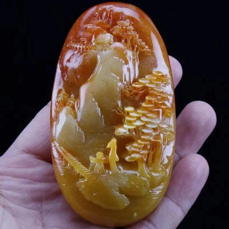 Antique Huanglong Jade Pendant with Scenic Landsca...