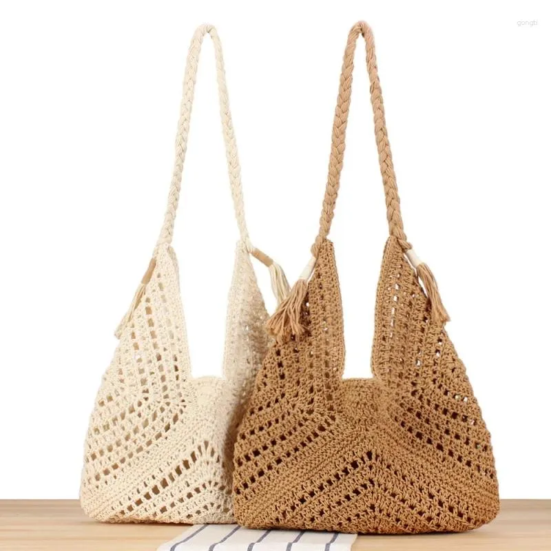 Women's Summer Bohemian Beach Travel Tote: Drawstring Hand-Woven Cotton Rope Bag with Tassel Detail