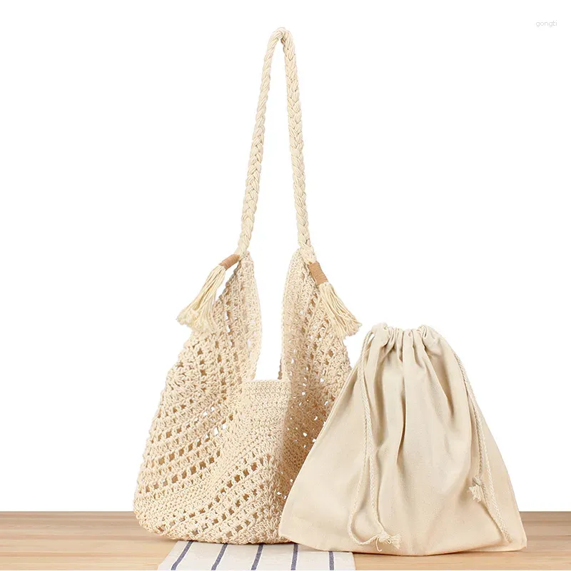 Women's Summer Bohemian Beach Travel Tote: Drawstring Hand-Woven Cotton Rope Bag with Tassel Detail