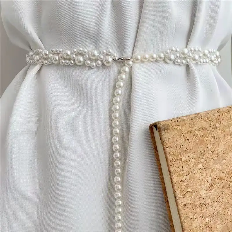 Women's White Pearl String Belt Dress Wedding Dres...