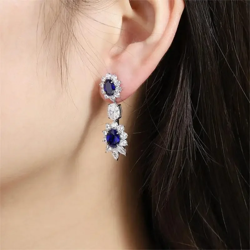 New S925 Silver Oval Sapphire Earrings Women's Jew...