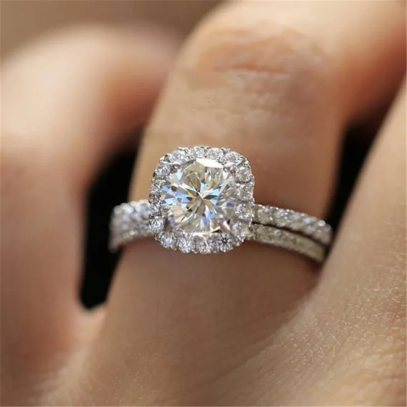 Wedding Engagement Rings Set for Women Couple Silv...