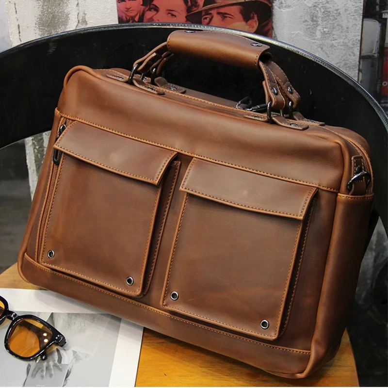 Brown Men Vintage Handbag Business Documents Briefcase Portfolio Laptop Bag Shoulder Messenger Bag Office Handbag