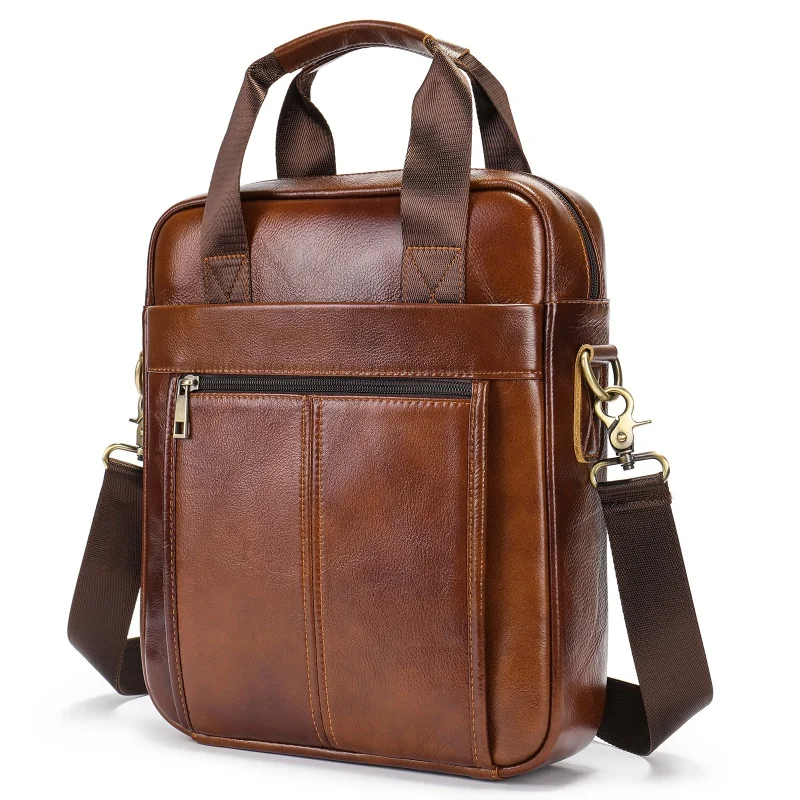 Genuine Leather Vertical Men's Briefcase Vintage Business Handbag Office Male Shoulder Messenger Bag