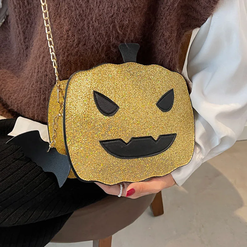 Pumpkin Bag Halloween Sequin Chain Bag Cartoon Devil Bag Little Monster Face Crossbody Shoulder Bag For Halloween