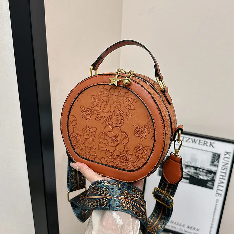 Round Cake Bag Chinese Style Carved And Pressed Pattern Fashionable Handbag Single Shoulder Crossbody Bag