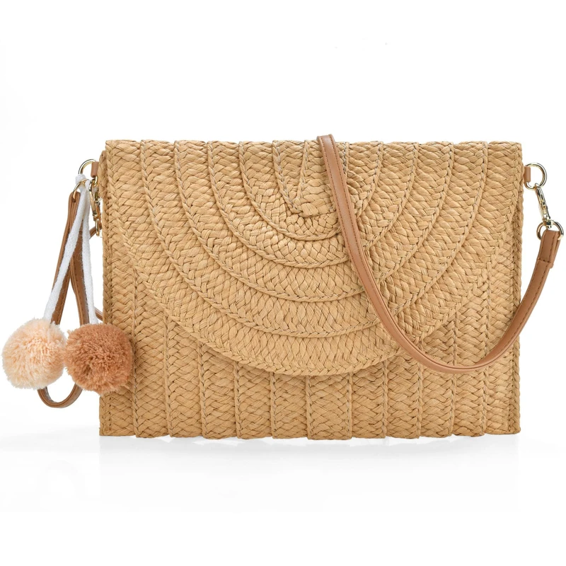 Straw Woven Shoulder Crossbody Bag Beach Clutch Handbag Casual Summer Handmade Envelope Bag Women