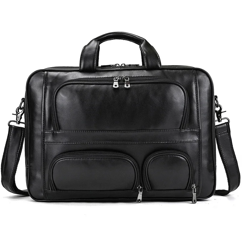 Double Zipper Leather Travel Briefcase Men Male Business Bag For 17 Inch Laptop Computer Trip