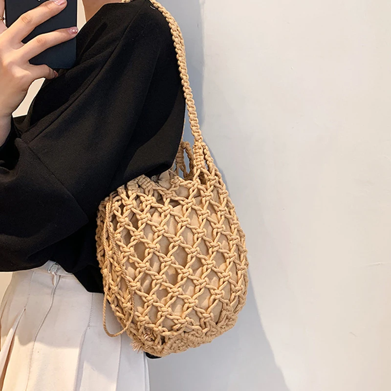 Straw Bucket Bag Handmade Drawstring Beach Shoulder Bag Raffia Rattan Woven Handbag Holiday