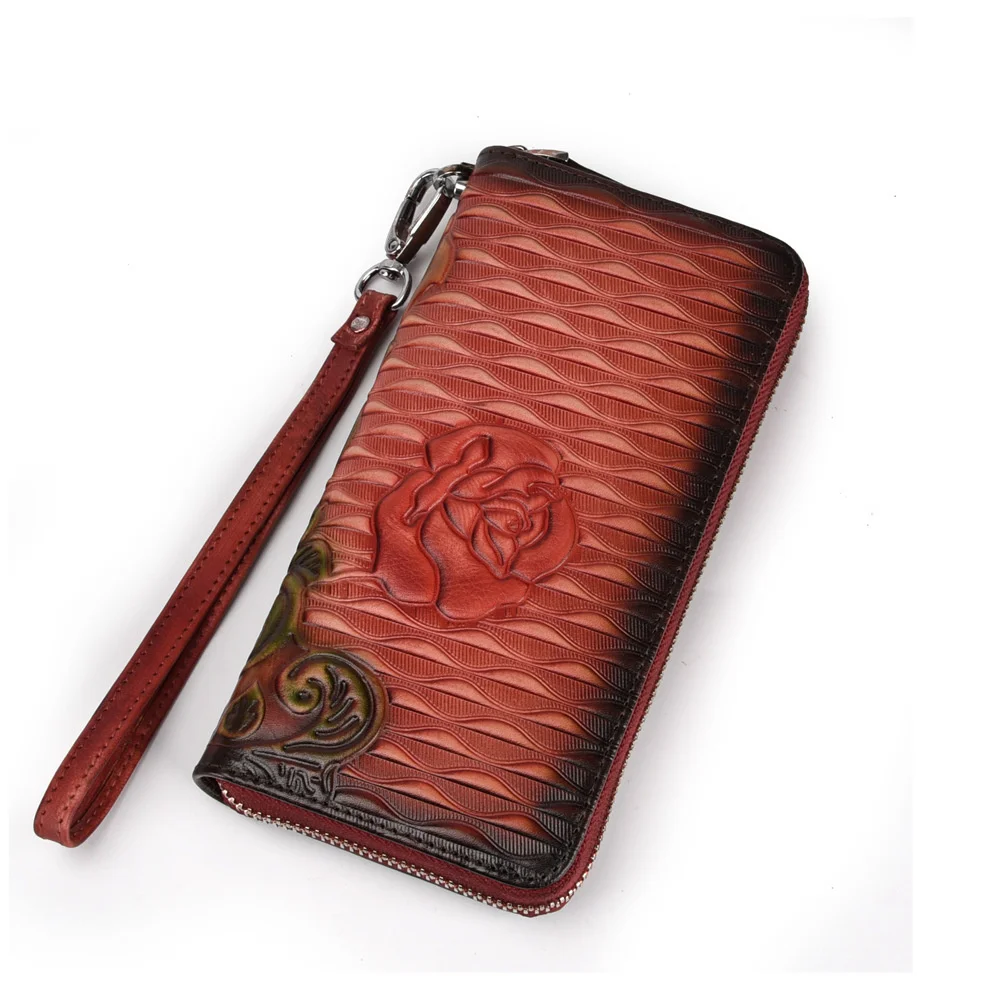 Real Cowhide Women Long Wallet Money Handy Bag ID Card Holder Leisure Embossed Retro Genuine Leather Clutch Wrist Bags Purse