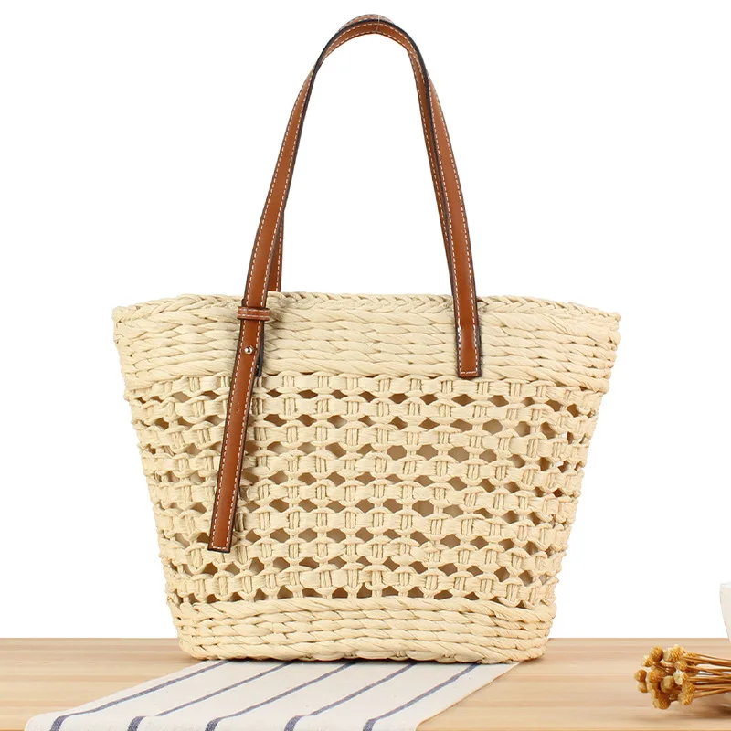 Hand Woven Straw Beach Women's Tote Bag Vintage Hollow Basket Rattan Handbag Holiday