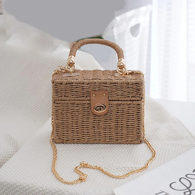 Summer Boxed Women Handbags Rattan Straw Crossbody Shoulder Bags Women Fashion Chain Travel