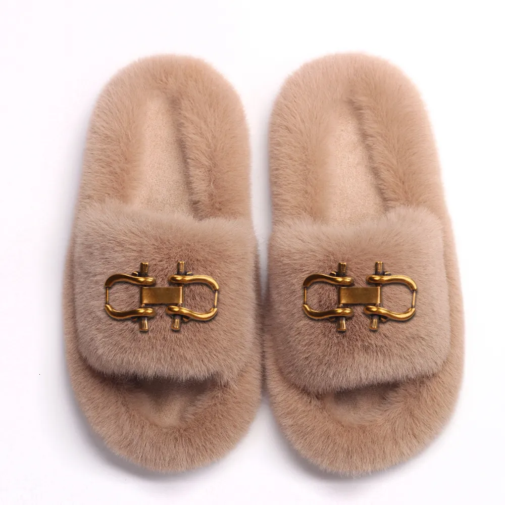 Fashion Women Buckle Decor Furry Slides Ladies Fluffy Flip Fur Sandals Cute Slippers Casual Shoes