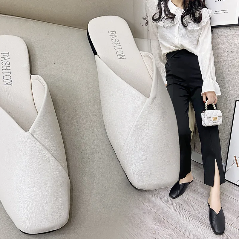 Women Mules Summer Elegant Square Closed Toe Flat Slippers Female Shoes Casual Leather Black White Slides Plus