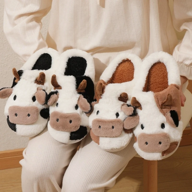 Warm Milk Cow Women Slippers Men Cute Soft Plush Sandals Adults Lovely Non-Slip Flip Flops Couples Home Flat Slides