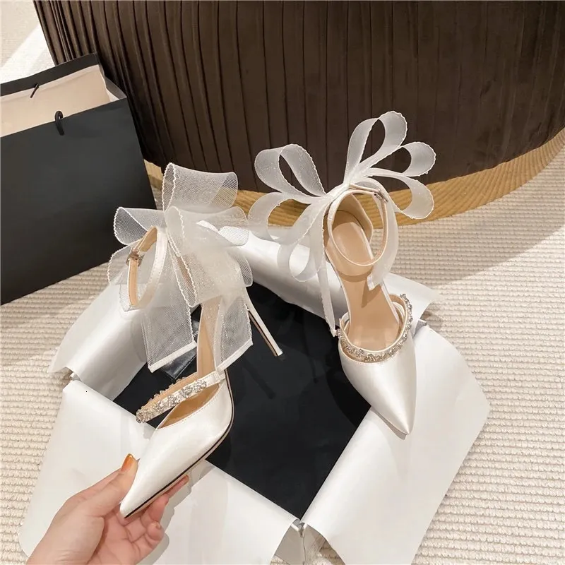 Dress Women Pointed Bow Mesh Stiletto High Heels Wedding Bridal Party