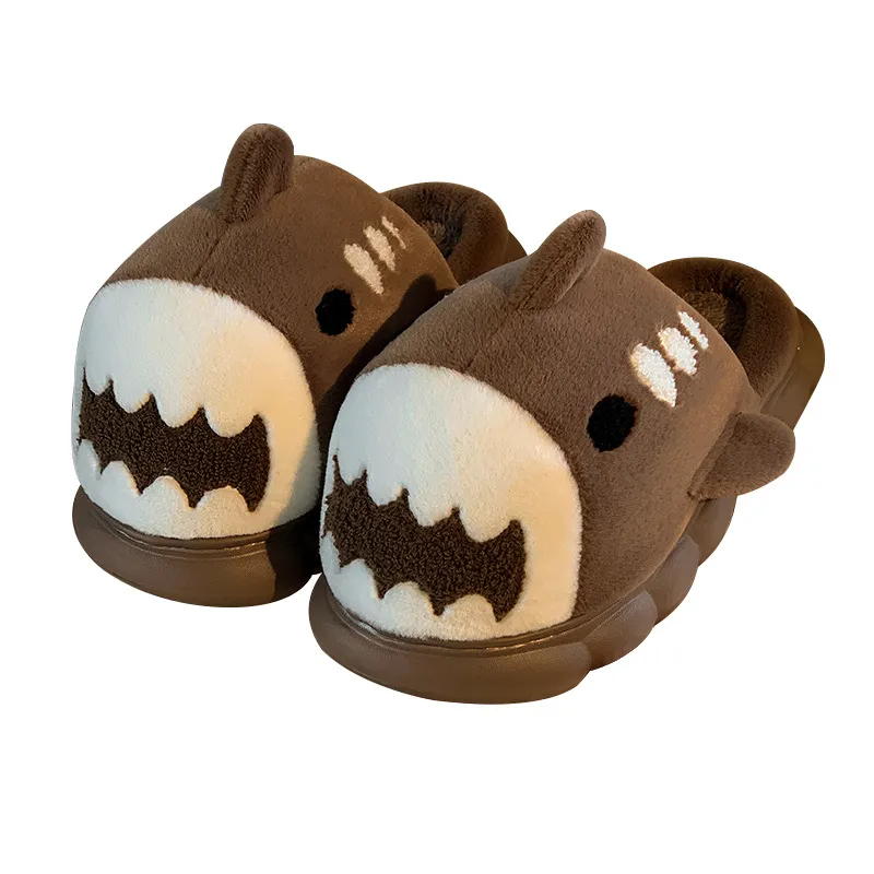 Cute Cartoon Shark Warm And Velvet Cotton Slippers For Women Autumn And Winter Thick Bottom, Stepping On Shit Feeling Couple Home Cotton Shoes