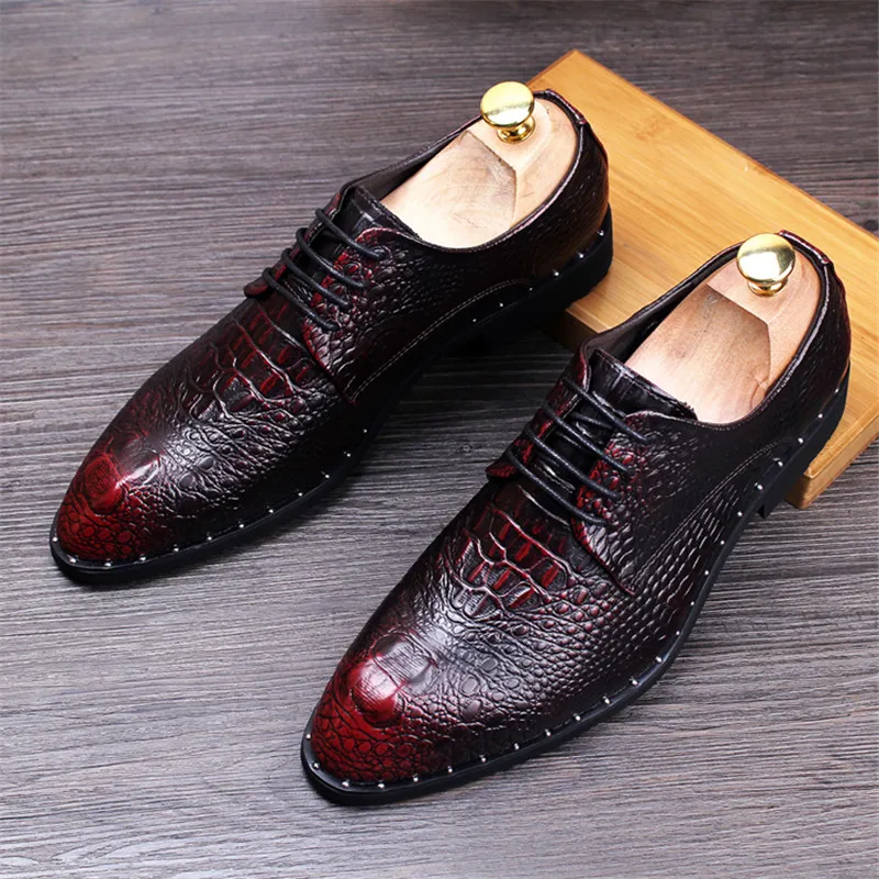 Men's Crocodile Dress Leather Shoes Lace-Up Weddin...