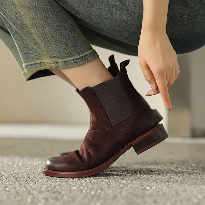 Autumn/Winter Women's Round Toe Low Heel Genuine Leather Chelsea Boots Retro Style Ankle Footwear