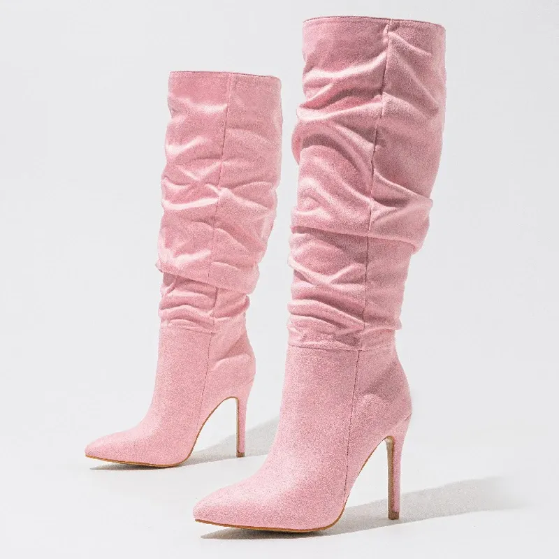 New Pleated Pointed Toe Women Knee-High Boots Autu...