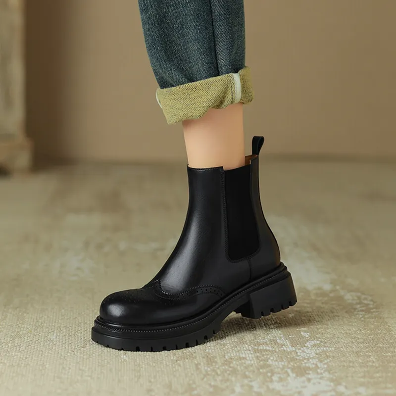 New Autumn Women's Split Leather Round Toe Chunky Heel Chelsea Boots