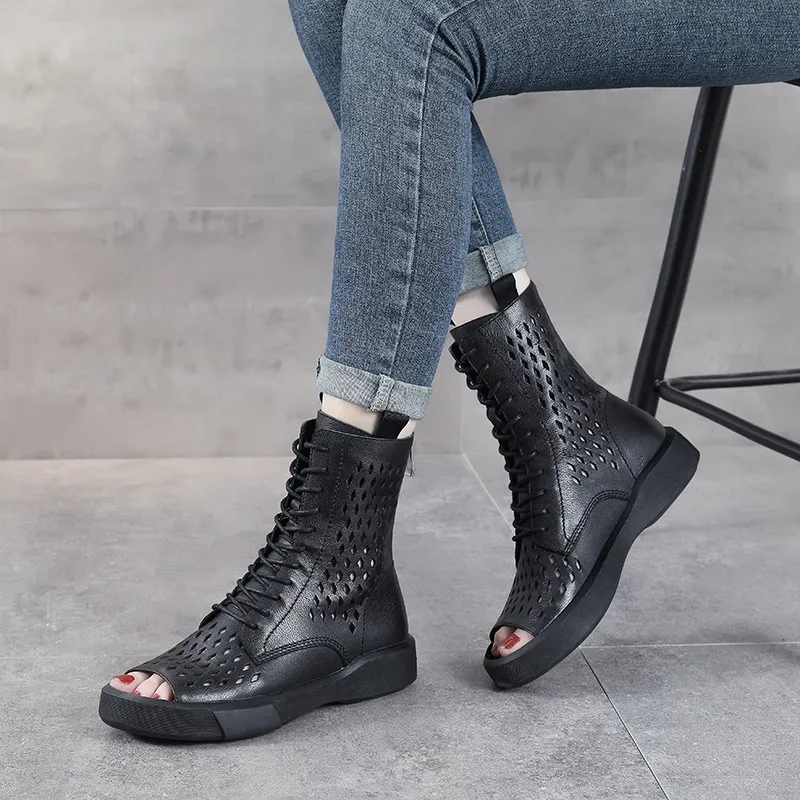 Summer Hollow Open Toe Cool Boots Women Genuine Leather Soft Soled Comfort Back Zipper Breathable Mid-Calf Flat Boots