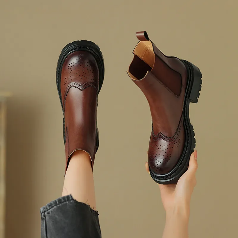 New Autumn Women's Split Leather Round Toe Chunky Heel Chelsea Boots