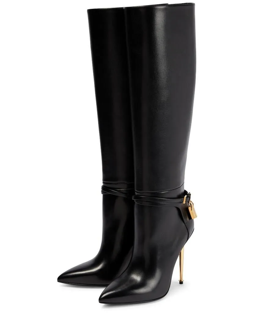 Padlock Boot Women Long Knee Boots Party Wdding Hardware Gilded Stiletto Heel Pointed Toe Lady Winter Booties