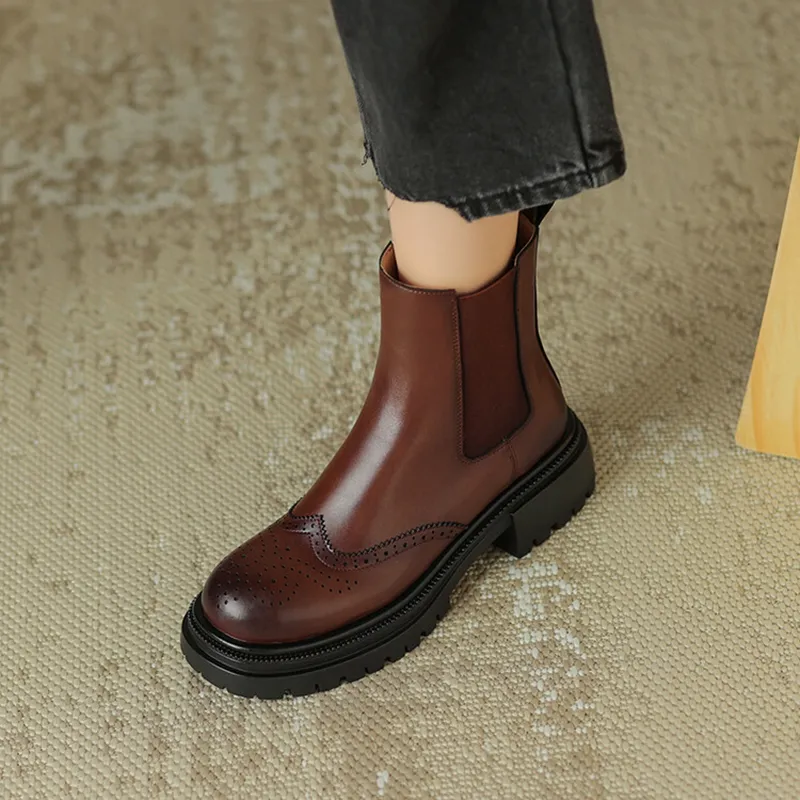 New Autumn Women's Split Leather Round Toe Chunky Heel Chelsea Boots