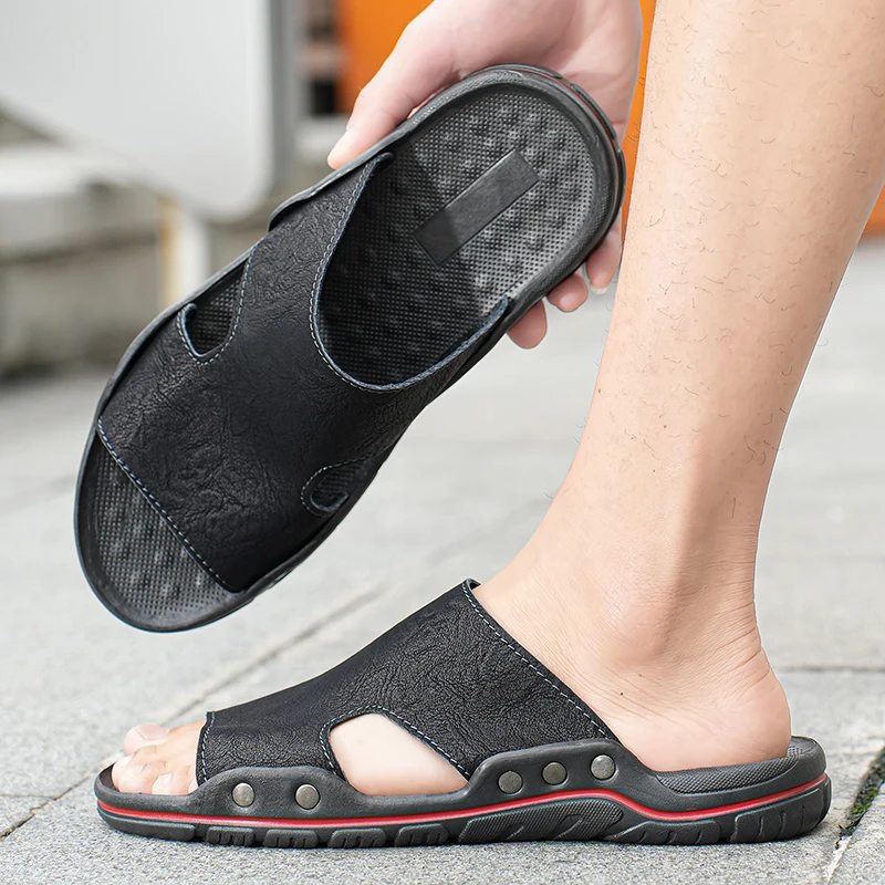 Men Summer Slippers Leather Casual Slippers Outdoor Fashion Men Slippers Retro