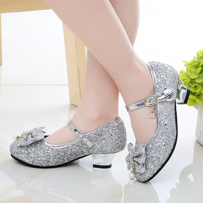 Girls High Heel Princess Dance Sandals Glitter Soft Leather Fashion Party Dress