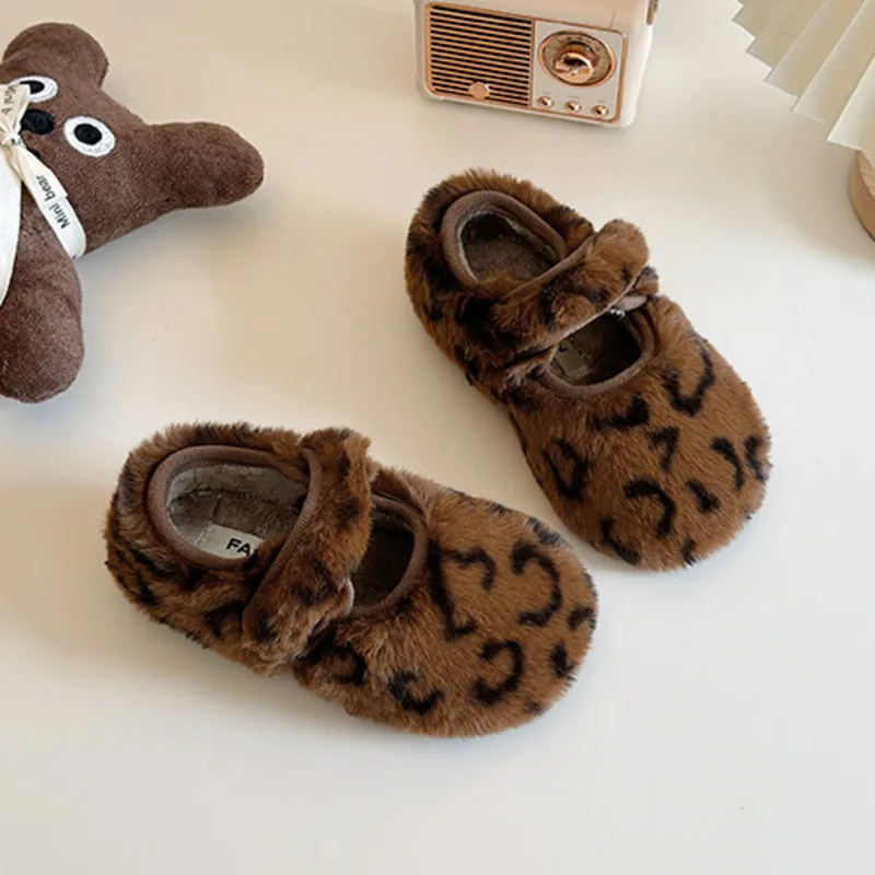 Leopard Print Girls Flats Faux Fur Warm Shallow Mouth Winter Children's Shoes Plush Warm