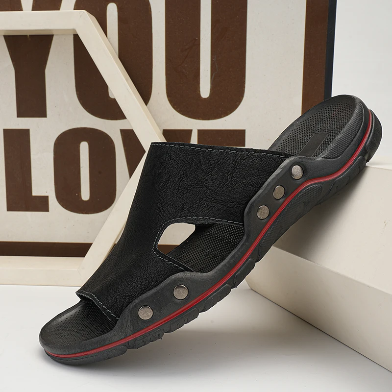 Men Summer Slippers Leather Casual Slippers Outdoor Fashion Men Slippers Retro