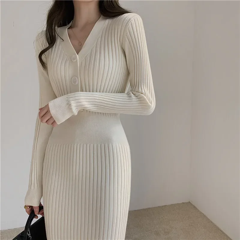 Women Buttons Sweater Dress Long Sleeve ...