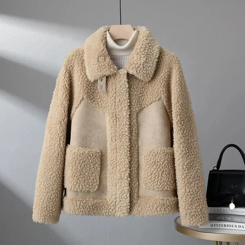 Wool Jacket Women Fashion Splicing Wool Coat Suede...