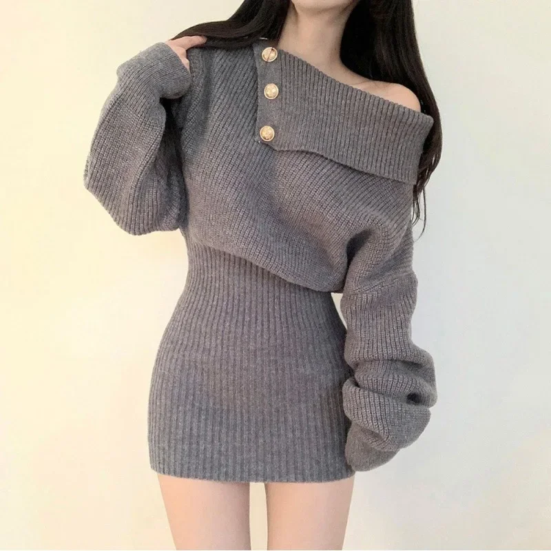 Elegant Sexy Off-Shoulder Knit Dress Tweed ...