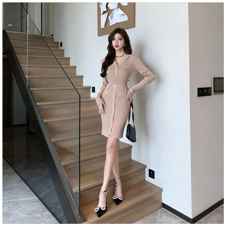 Basic Casual Dresses Women Knitted Dress Vintage S...